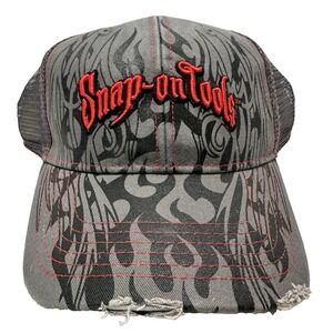 NEW NWOT BLACK/GREY/RED SNAP ON TOOLS DISTRESSED BASEBALL CAP COTTON STRAPBCK